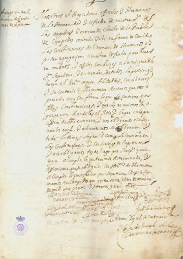 Handwritten 1675 minutes of the merger of the brotherhoods of Nuestra Señora de las Angustias and the Santo Entierro de Cristo