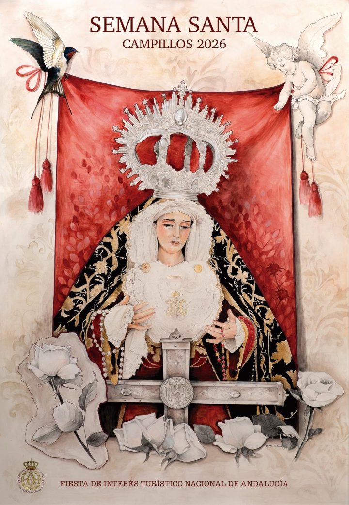 Poster for Semana Santa in Campillos 2026 by Gemma Morillo: a crowned sorrowful Virgin before a red canopy, with the cross and white roses